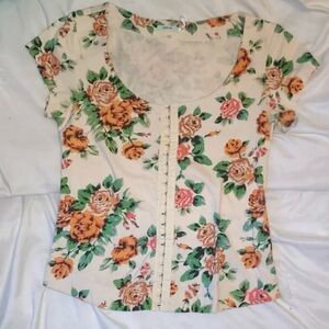 Kimchi Blue Brand Beige & Salmon Pink Rose Floral Hook & Clasp Button Up Shirt